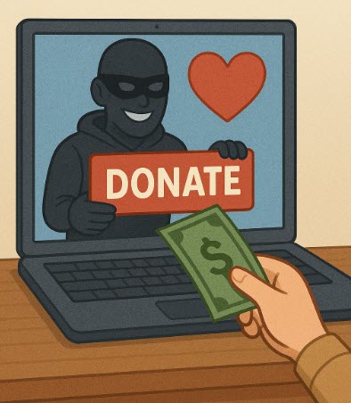 A person hands cash to a laptop screen showing a masked figure holding a "Donate" sign, symbolizing an online donation scam.