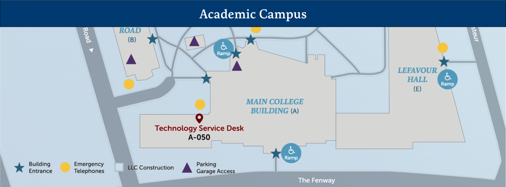 Image of campus map with technology support center Ground Floor A-050